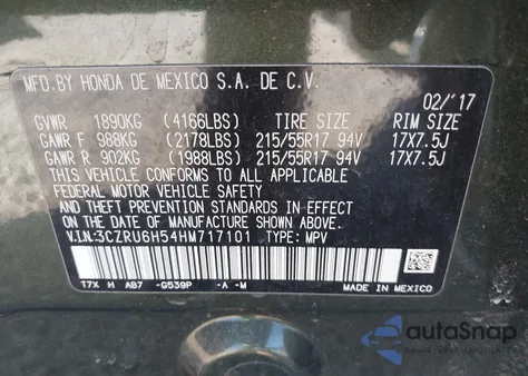 2017 Honda Hr-V Ex from USA, damaged, VIN 3CZRU6H54HM717101